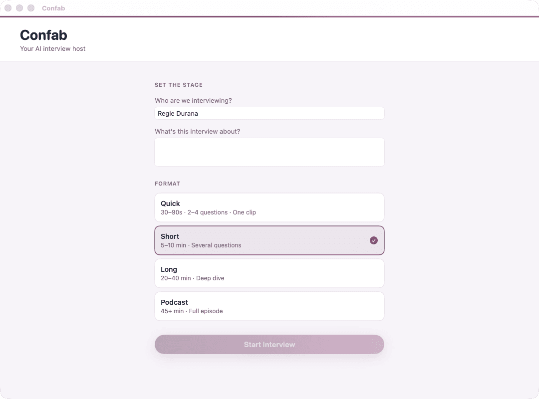 confab.show app, AI interview in progress
